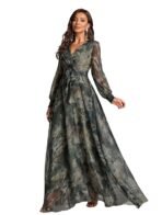 LITZO Dress for Women || Women’s Printed Wrap Maxi Gown || V‑Neck Long Sleeve Belted Flowy Dress for Parties, Weddings & Evening Events || Lightweight Sheer Layer Western Outfit (T-L-14-16)