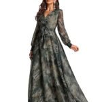 LITZO Dress for Women || Women’s Printed Wrap Maxi Gown || V‑Neck Long Sleeve Belted Flowy Dress for Parties, Weddings & Evening Events || Lightweight Sheer Layer Western Outfit (T-L-14-16)
