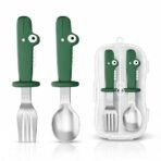 ONE AND ONLY Kids Spoon & Fork Set with Travel Case | 304 Stainless Steel Spoon Fork | BPA Free Silicone Dinosaur Handle | Anti-Slip Baby Feeding Cutlery for Toddlers, Kids & Travel