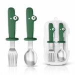 ONE AND ONLY Kids Spoon & Fork Set with Travel Case | 304 Stainless Steel Spoon Fork | BPA Free Silicone Dinosaur Handle | Anti-Slip Baby Feeding Cutlery for Toddlers, Kids & Travel
