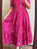 Women's Pink Bandhani Print Tiered Maxi Dress, Short Sleeve, Square Neck, Cotton - Image 5