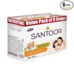 Santoor Skin Softening Sandal & Almond Milk Bathing Soap with Nourishing & Anti-Aging Properties| For Smooth & Soft and Younger-Looking Skin| For All Skin Types| 150g, Pack of 6