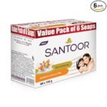 Santoor Skin Softening Sandal & Almond Milk Bathing Soap with Nourishing & Anti-Aging Properties| For Smooth & Soft and Younger-Looking Skin| For All Skin Types| 150g, Pack of 6