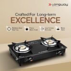 Longway Furn Glass Top, 2 Burner Manual Ignition Glass Gas Stove (Black, ISI Certified, 1 Year Warranty) - Image 3