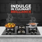 BLOWHOT Pluton 4 Burner Battery Operated Hybrid Gas Hob Top Heavy Brass Burners With Brass Base 70cm Toughened Glass Top, One 100mm Triple Ring, Two 90mm Double Ring, One 70mm Brass Burner - Black[AA1098/38]