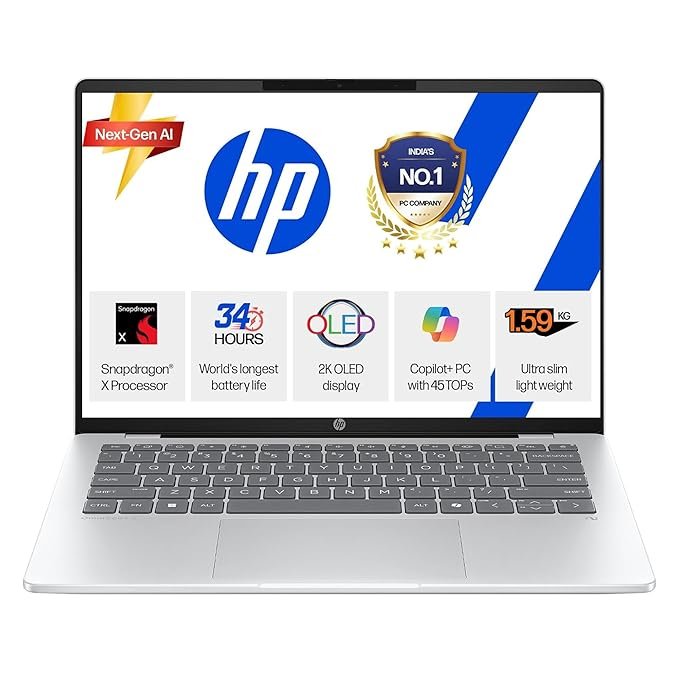 71IdAMTOjZL._SX679_ HP Omnibook 5 OLED, Snapdragon X Processor (16GB LPDDR5x,1TB SSD) 2K OLED, Micro-Edge, 16''/40.6cm, Win11, M365*Office24, Glacier Silver, 1.59kg, fb0001QU, FHD Camera, Backlit, Next-Gen AI Laptop - Image 1