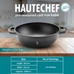 VAYA HauteChef Cast Iron Kadai, 24 cm, Pre-Seasoned & Naturally Non-Stick100% Pure & Toxin-Free, Deep Design for Frying & Curries, Induction Base, Rust-Resistant, Ergonomic Handles(AA1103/10) - Image 2