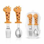 ONE AND ONLY Baby Spoon & Fork Set with Travel Case | 304 Stainless Steel Kids Cutlery with BPA Free Silicone Giraffe Grip | Anti-Slip Feeding Spoon for Babies 6–12 Months, Toddlers & Kids (Orange)