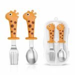 ONE AND ONLY Baby Spoon & Fork Set with Travel Case | 304 Stainless Steel Kids Cutlery with BPA Free Silicone Giraffe Grip | Anti-Slip Feeding Spoon for Babies 6–12 Months, Toddlers & Kids (Orange)