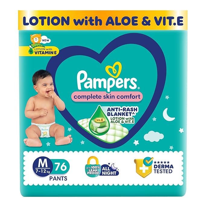 71UqbWE0-pL._SX679_ Pampers Complete Skin Comfort Pants, Anti-rash blanket, Lotion with Vitamin E & Aloe Vera, Medium (M), 76 Count, 7-12kg (AA1102) - Image 1