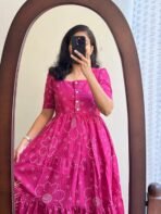 Women's Pink Bandhani Print Tiered Maxi Dress, Short Sleeve, Square Neck, Cotton - Image 3