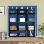 12 Shelves Collapsible Foldable Wardrobe Storage Organizer Shelves for Clothes Racks Fabric Almirah Non Rustable Iron 88250 (Blue) (AA1102) - Image 2