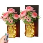 TIED RIBBONS Plastic Pack Of 2 Wall Sconces With Glass Jar Vase And Artificial Flowers Led Lights Wall Decoration Items For Living Room Home Decor Wall Hangings(30.4 Cm X 12.4 Cm,Pink Flowers)[AA1100/122]