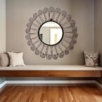 HOSLEY Decorative Modern Designer Round Wall Mirror| Metal Beaded Frame Wall Hanging Mirror| Iron Wall Mounted Mirror Perfect for Living Room Bathroom Bedroom Hall Wall Decor |Black - Image 2