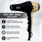 VEGA PROFESSIONAL Pro Dry 1800-2000W Hair Dryer for Woman & Man | Blow Dryer for Women Cool Shot Button & Combination of 4 Heat & 2 Speed Settings, Gold, (VPVHD-04) (AA1104/47) - Image 5