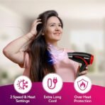 AGARO HD1177 Hair Dryer with 1000 Watts Copper Motor, 2 Speed & Temperature Settings,Foldable Handle, For both Men & Women, Black & Red (AA1104/63) - Image 5