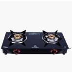 2 Burner Gas Stove, Manual Knob, Black, Brass, Heavy Brass Burner, Gas Powered