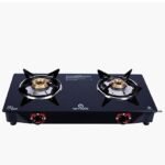 2 Burner Gas Stove, Manual Knob, Black, Brass, Heavy Brass Burner, Gas Powered