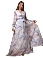 LITZO Dress for Women || Women’s Printed Wrap Maxi Gown || V‑Neck Long Sleeve Belted Flowy Dress for Parties, Weddings & Evening Events || Lightweight Sheer Layer Western Outfit (T-L-14-16) - Image 3