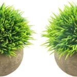 Dekorly® Set of 2 Artificial Green Grass Round Potted Plants Set-Decorative Fake Plant Faux Plastic Plants Indoor &Outdoor for House Office Desk Bathroom Kitchen DIY Decor Gift (Plastic Round Pot)(AA1103/189)