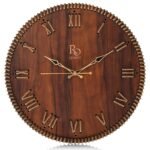 Wooden Round Shape Roman Dial Wall Clock with Brown Jute Detailing & Golden Hands | Silent Quartz Movement, Anti-Glare Finish Analog Vintage Clock for Home & Office (Brown, 15.5 Inch)(AA1103/174)
