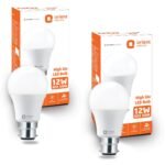 Orient Electric 12W High Glow LED bulb| 180-degree wide beam angle| Voltage surge protection up to 4 kV| 6500K, Cool White| B22d base| Made in India| Pack of 2(AA1103/34)