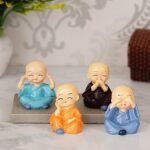 SYANKA Little Monks Laughing Buddha Statue Set of 4, Multicolour, Idol Decorative Showpiece for Home and Office