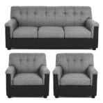 FURNY Woodswave 5 Seater Fabric 3+1+1+2 Puffy Sofa Set for Living Room (Grey-Black Color- Velvet Fabric) (AA1104/162) - Image 5