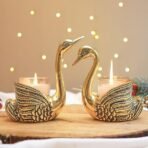 BEHOMA Aluminium Pair of Swans for Good Luck | Feng Shui Love Gifts Candle Holder for Home Decor Living Room | Showpiece Wedding Gift for Valentine's Day for Couple (Candles not Included) Gold