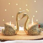 BEHOMA Aluminium Pair of Swans for Good Luck | Feng Shui Love Gifts Candle Holder for Home Decor Living Room | Showpiece Wedding Gift for Valentine's Day for Couple (Candles not Included) Gold