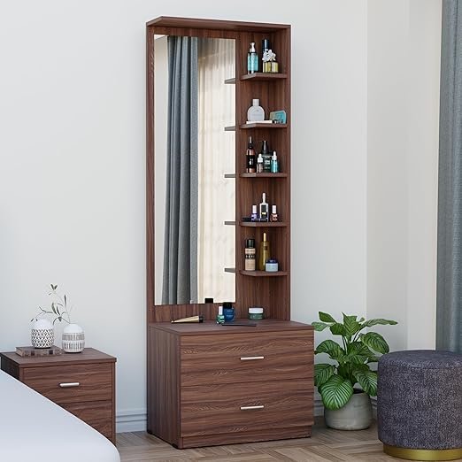 81EitcNRCjL._SX522_ Engineered Wood Dressing Table with Mirror and Storage | Vanity Table with 5 Shelves & 2 Drawers for Bedroom, Living Room, and Home - Walnut Finish (AA1104/223) - Image 1