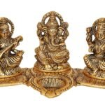 Amazon Brand - Umi Metal Ganesha Lakshmi and Saraswati Idol Metal Sculpture Seated On Peacock Throne Golden Height 4.0 Inches Width 7.5 Inches Medium(AA1103/107)