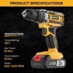 Tomahawk® TCD-20K 20V Cordless Impact Drill & Screwdriver | 35Nm Torque | 2-Speed 400/1400 RPM | 10mm Chuck | 18+1 Settings | Dual 1.5Ah Batteries for Home & DIY(AA1103/134) - Image 5