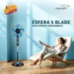 V-Guard Esfera Pedestal Fan (5 blade) with Remote Control, In-built 7.5 Hour Timer, 400 mm Sweep Size, Telescopic Height with Adjustable Metal Stand & Powerful Copper Motor | 52 W |Blue Black - Image 2