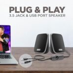 Intex IT-120 2.0 Channel Desktop Speaker with 10W Powerful Sound, USB Powered, 3.5mm Jack, in-Line Volume Control, Loud & Compact Design, Portable for Laptop, Computer, Mobile – Grey (AA1104/123) - Image 2