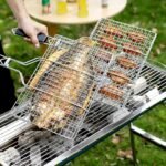 Livzing Portable Barbecue Grill Foldable BBQ Basket Non Stick Iron Grilling Net Basket Roast Grilling-Powder Coated with Wooden Handle-Grilling Fish Steak Seafood-Outdoor Kitchen Tool(AA1103/32)