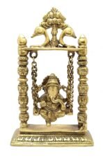 Two Moustaches 100% Pure Brass Ganesha on Swing Jhoola Showpiece, Brass Ganesha Jhula for Home Decor, Brass Temple Decor, Weight - 1.5 Kg, Standard, Antique Yellow, Pack of 1