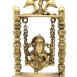 Two Moustaches 100% Pure Brass Ganesha on Swing Jhoola Showpiece, Brass Ganesha Jhula for Home Decor, Brass Temple Decor, Weight - 1.5 Kg, Standard, Antique Yellow, Pack of 1