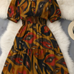 Print Puff Sleeve Crepe A-Line Midi Dress [AA1102/135]