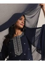 Floral Embroidered Round Neck Sequinned Straight Kurta With Trouser & Dupatta - Image 2