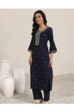 Floral Embroidered Round Neck Sequinned Straight Kurta With Trouser & Dupatta