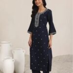 Floral Embroidered Round Neck Sequinned Straight Kurta With Trouser & Dupatta