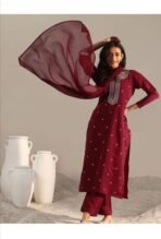 Floral Embroidered Round Neck Sequinned Straight Kurta With Trouser & Dupatta - Image 3