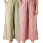 MORWAR South Cotton Striped Western Fit Palazzo/ Trouser / Pajama for Women /Girls / Ladies Combo Pack of 2 (28 Inches to 36 Inches) - Multi Green & Red [AA1102/110]