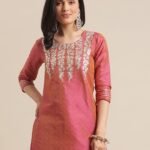 Varanga Women Coral Dual Tone Floral Gota Patti Embroidered Jacquard Kurta[AA1097/51]