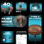 HOPPUP AirDoze S40 Earbuds with 13MM Drivers, 40H Playtime, Rage Mode,ENC & Type-C Bluetooth (Chocolate Brown, True Wireless) - Image 3