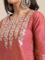 Varanga Women Coral Dual Tone Floral Gota Patti Embroidered Jacquard Kurta[AA1097/51] - Image 3