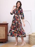 Women Fit and Flare Multicolor Below Knee Dress - Image 4