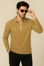 HELMONT Pack of 2 Men Self Design Zip Neck Polyester Beige, Green T-Shirt[AA1097/101] - Image 3