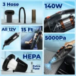 2003 140 VACCUM MOTOR &5000 PA  POWERFUL SUCTION 15 FT CORD WITH HEPA  FILTER CAR VACCUM CLEANER BLACK[AA1098/24] - Image 2